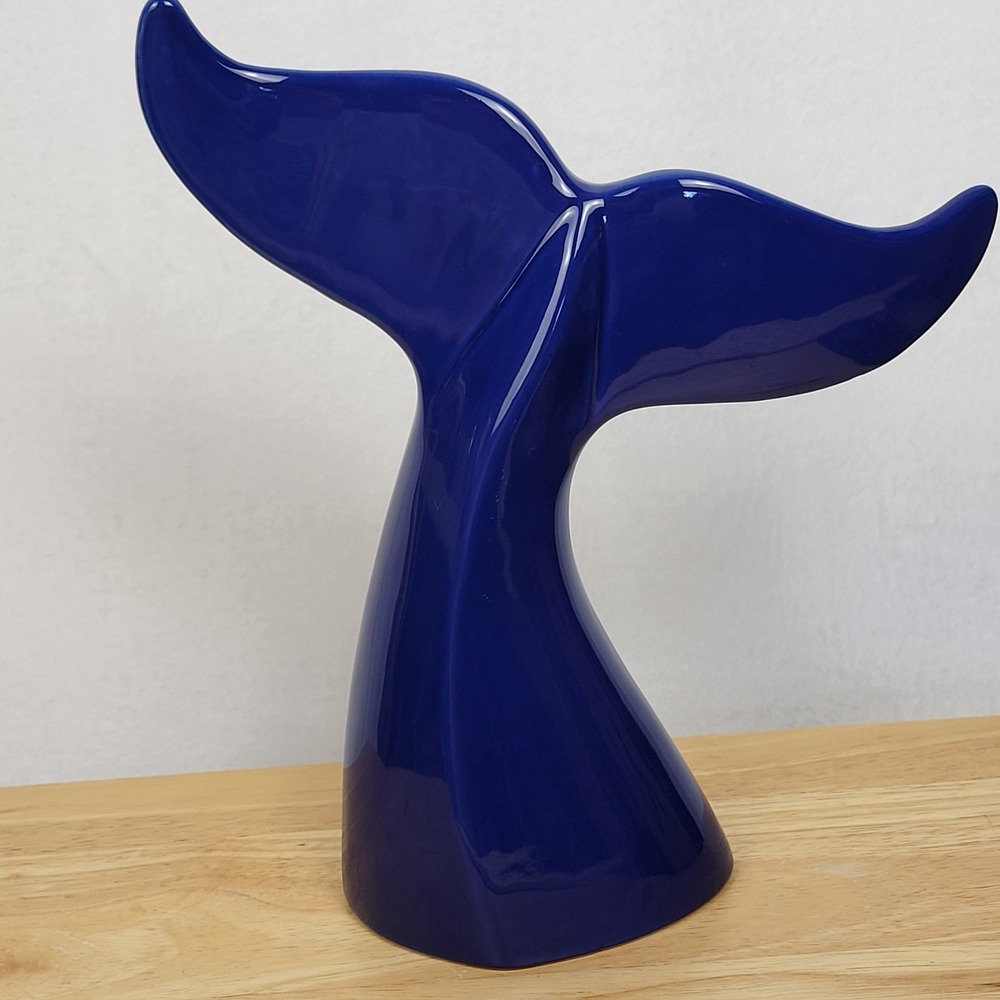 Cobalt Blue Ceramic Whale Tail Figurine - 10" Nautical Decor